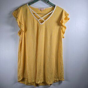 Hailey & Co. Out of Town Ribbed Stripe Flutter Slv Criss Cross V-Neck Top, NWOT